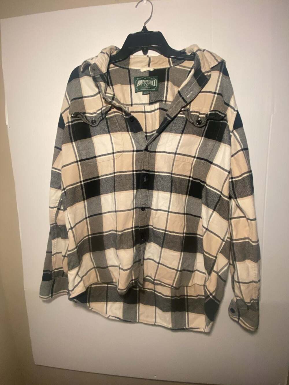 American Eagle Relaxed Fit Hooded Plaid Flannel Shirt